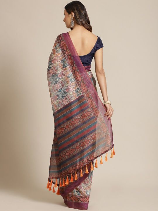 Silk Land Beige & Purple Ethnic Motifs Pure Cotton Chanderi Saree