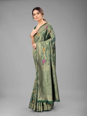 Silk Land Green & Gold-Toned Floral Pure Silk Banarasi Saree