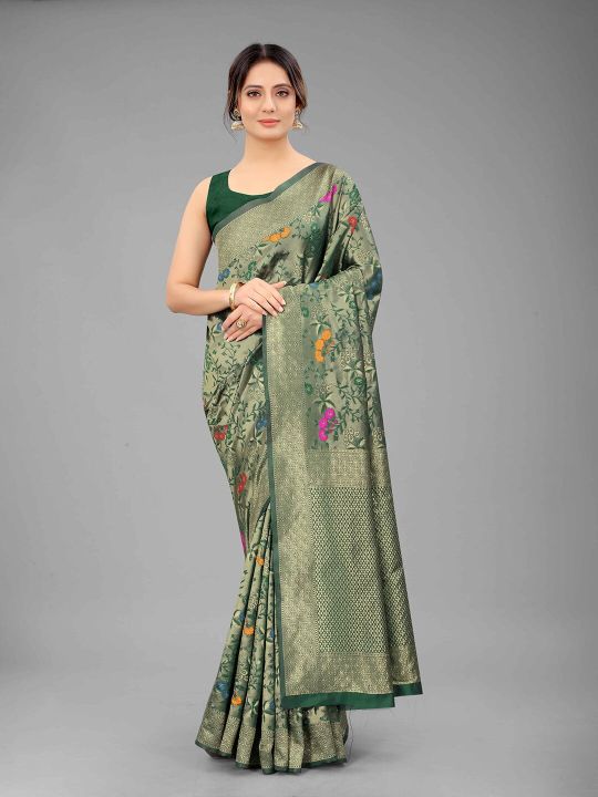 Silk Land Green & Gold-Toned Floral Pure Silk Banarasi Saree
