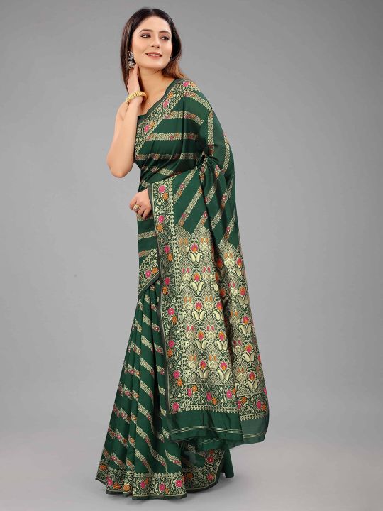Silk Land Green & Gold-Toned Woven Design Zari Pure Silk Banarasi Saree