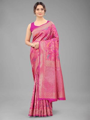 Silk Land Pink & Golden Ethnic Motifs Zari Pure Silk Banarasi Saree