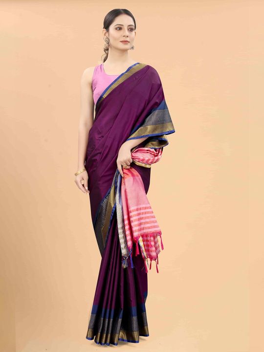 Silk Land Purple & Pink Zari Art Silk Fusion Arani Saree