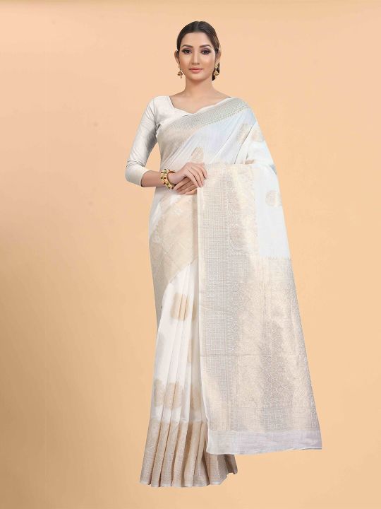 Silk Land White & Gold-Toned Woven Design Zari Pure Cotton Saree
