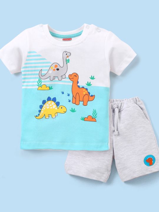 Single Jersey Cotton Knit Half Sleeves T-Shirt & Shorts Set Dino Print