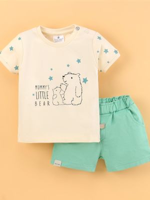 Sinker Half Sleeves T-Shirt & Shorts Set Bear & Stars Print
