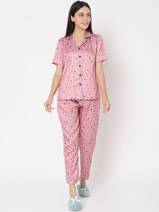 Smarty Pants Women Pink Polka Dots Printed Night Suit