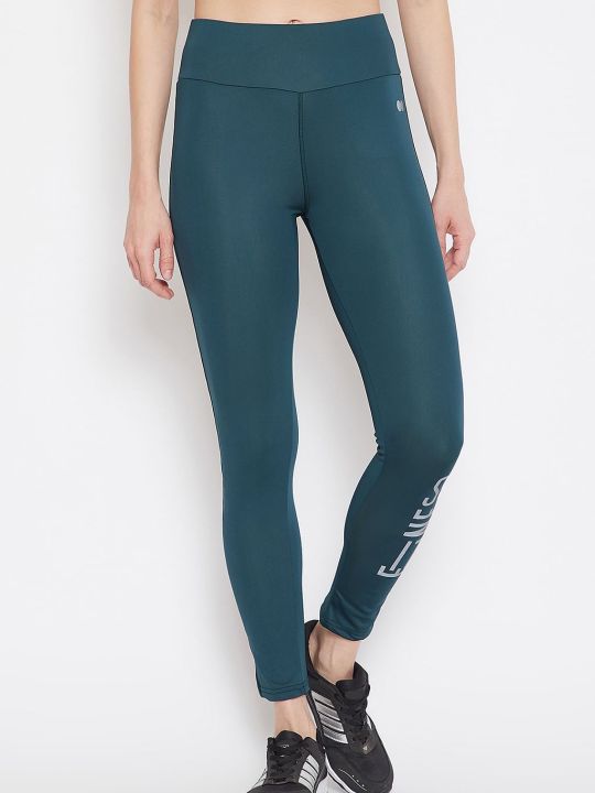 Snug Fit Active Ankle-Length Text Print Tights in Teal