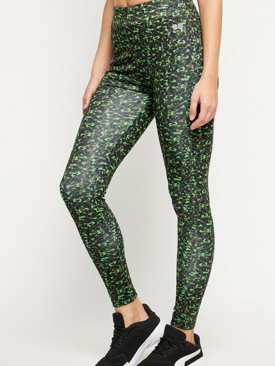 Snug Fit Active High-Rise Full-Length Printed Tights in Green
