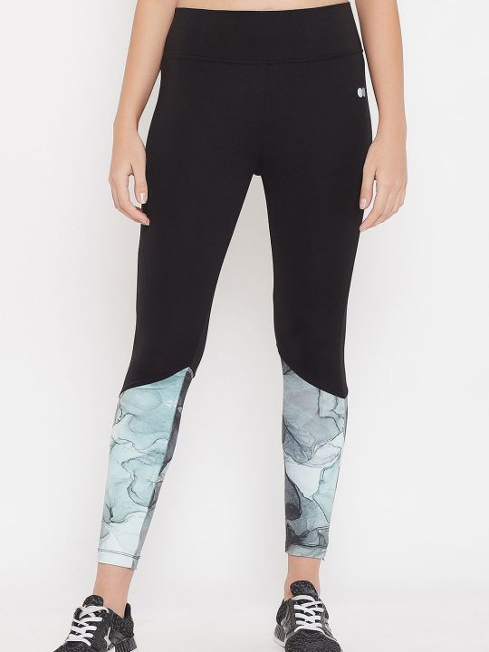 Snug Fit Active Marble Print Ankle-Length Tights in Black