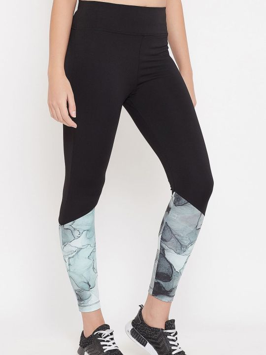 Snug Fit Active Marble Print Ankle-Length Tights in Black