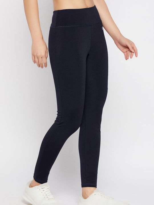 Snug Fit Ankle-Length High-Rise Active Tights in Navy with Printed Panels