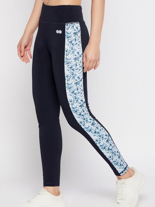 Snug Fit Ankle-Length High-Rise Active Tights in Navy with Printed Panels