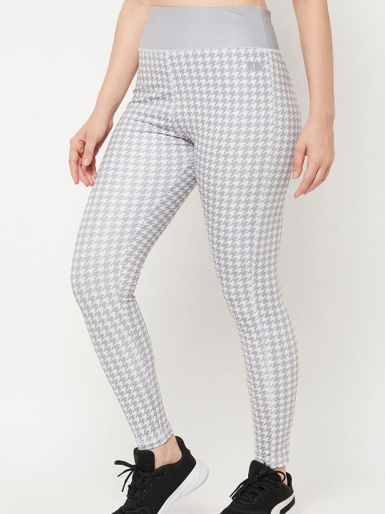 Snug Fit High-Rise Houndstooth Print Active Tights in Grey