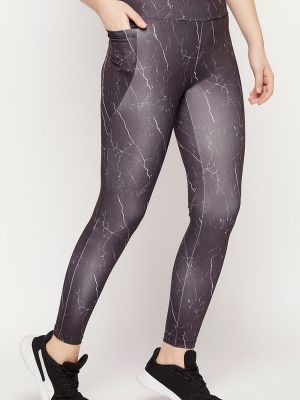 Snug Fit High-Rise Marble Print Active Tights in Dark Grey with Side Pocket