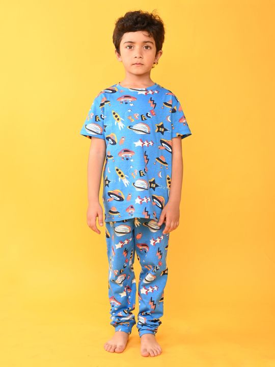 Space Theme Half Sleeves Star & Spaceships With Planets Printed Tee With Coordinating Pyjama