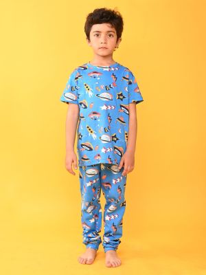 Space Theme Half Sleeves Star & Spaceships With Planets Printed Tee With Coordinating Pyjama