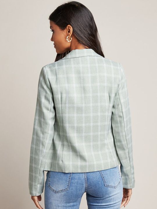 Styli Women Green & White Checked Button Detail Blazers