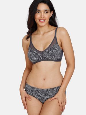 Sun's Bird Double Layered Non Wired 3/4th Coverage T-Shirt Bra With Hipsters Panty - Ebony