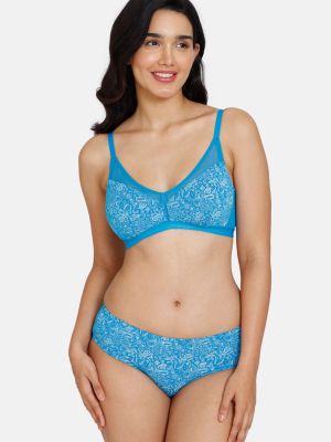 Sun's Bird Double Layered Non Wired 3/4th Coverage T-Shirt Bra With Hipsters Panty - Methyl Blue