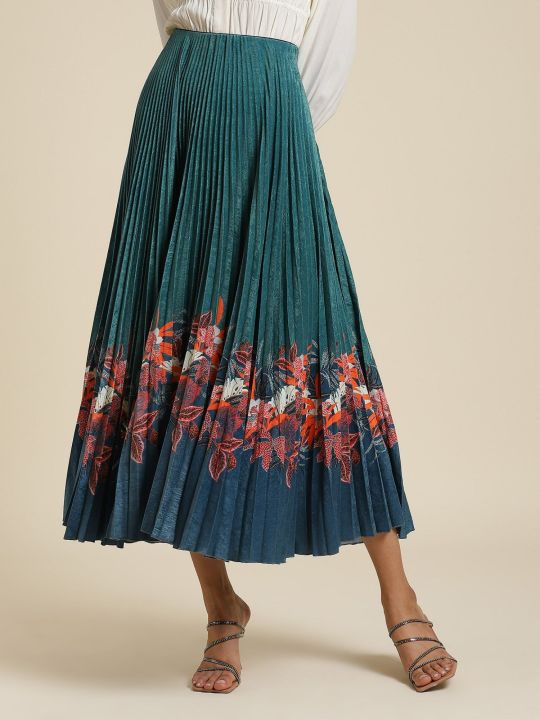 Teal Printed Pleated Skirt (Label Ritu Kumar)
