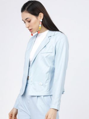 Tokyo Talkies Women Blue Solid Double-Breasted Crop Blazer