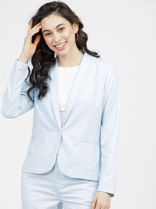 Tokyo Talkies Women Blue Solid Single-Breasted Formal Blazer