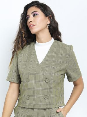 Tokyo Talkies Women Green Checked Double Breasted Casual Crop Blazer