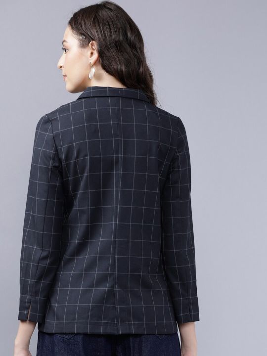Tokyo Talkies Women Navy Blue Checked Casual-Fit Double-Breasted Casual Blazer