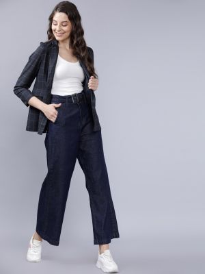 Tokyo Talkies Women Navy Blue Checked Casual-Fit Double-Breasted Casual Blazer