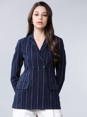 Tokyo Talkies Women Navy Blue Striped Double-Breasted Casual Pure Cotton Blazer