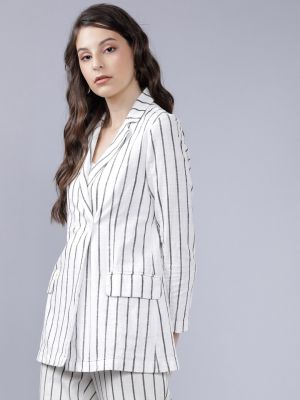 Tokyo Talkies Women Off-White & Grey Striped Double-Breasted Casual Pure Cotton Blazer