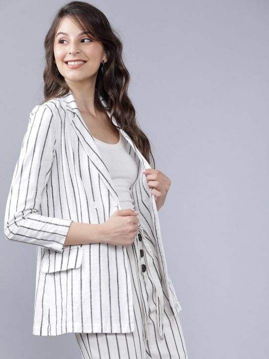 Tokyo Talkies Women Off-White & Grey Striped Double-Breasted Casual Pure Cotton Blazer