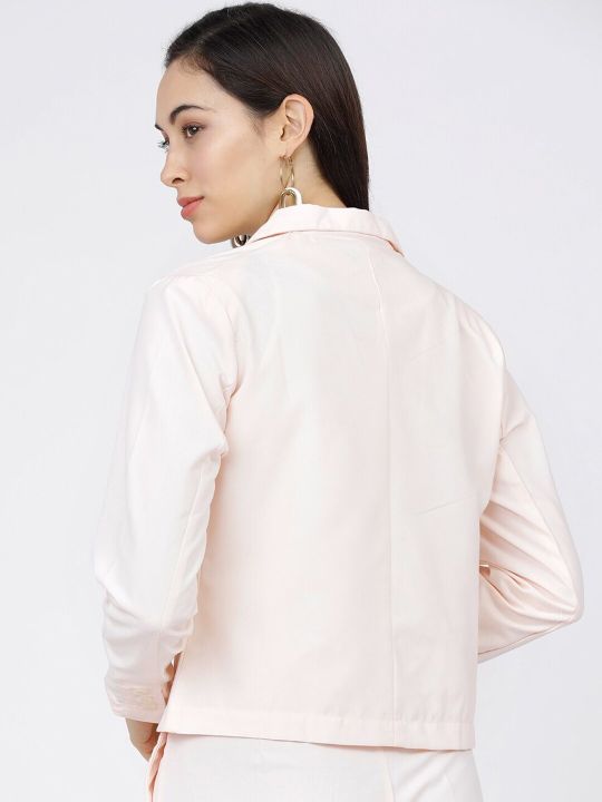 Tokyo Talkies Women Pink Solid Double-Breasted Casual-Fit Crop Blazer