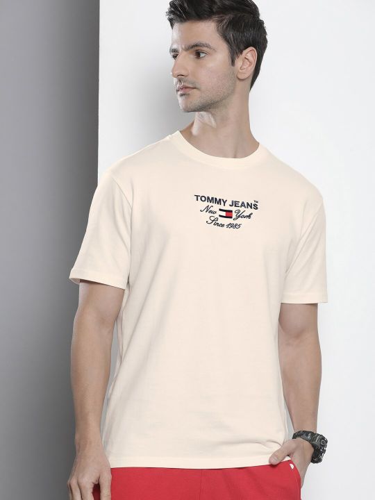 Tommy Hilfiger Men Off White Typography Printed Pure Cotton Casual T-shirt