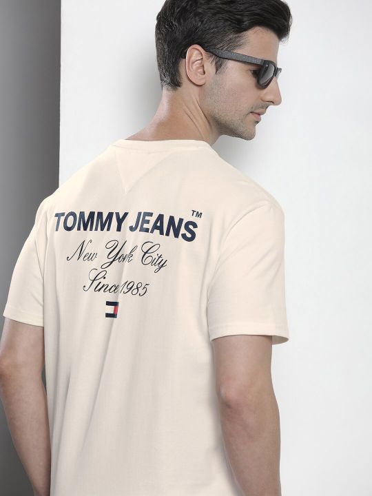Tommy Hilfiger Men Off White Typography Printed Pure Cotton Casual T-shirt