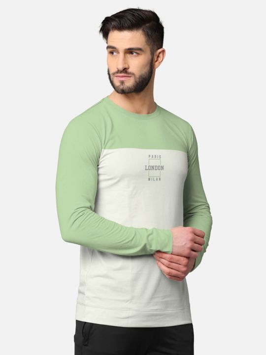 Trendy Front & Back Colorblock Full Sleeve T-shirt For Men Green And White (BULLMER)