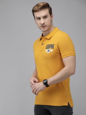 U.S. Polo Assn. Denim Co. Men Mustard Yellow Pure Cotton Brand Logo Printed T-shirt