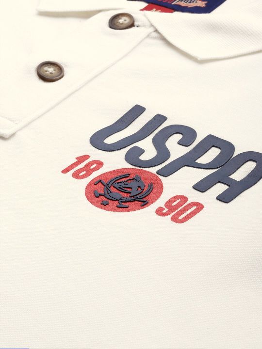 U.S. Polo Assn. Denim Co. U S Polo Assn Denim Co Men Off White Pure Cotton Brand Logo Printed Polo Collar T-shirt