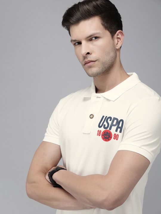 U.S. Polo Assn. Denim Co. U S Polo Assn Denim Co Men Off White Pure Cotton Brand Logo Printed Polo Collar T-shirt