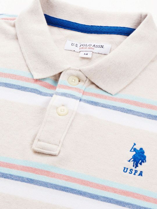 U.S. Polo Assn. Men Off White Striped Pure Cotton Polo Collar Slim Fit T-shirt