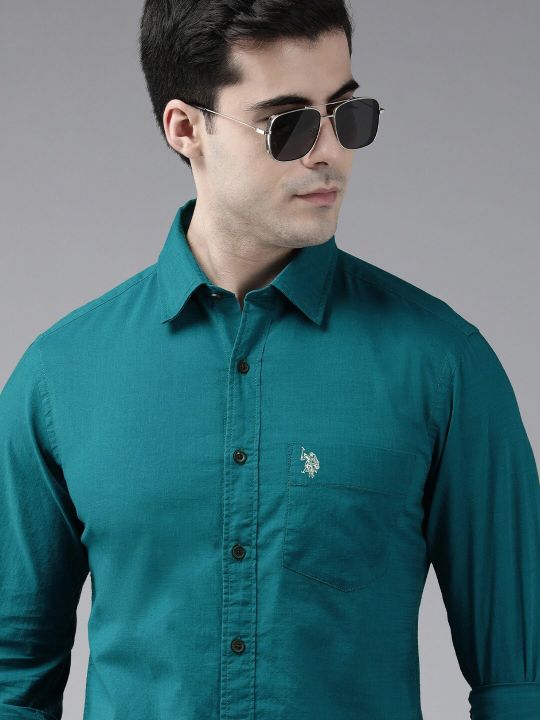 U.S. Polo Assn. Men Teal Tailored Fit Pure Cotton Casual Shirt