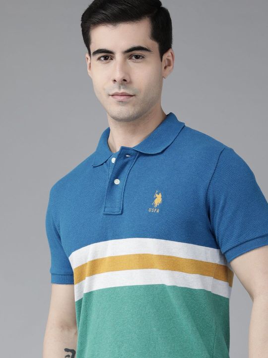 U.S. Polo Assn. U S Polo Assn Men Blue & Green Pure Cotton Colourblocked Polo Collar T-shirt