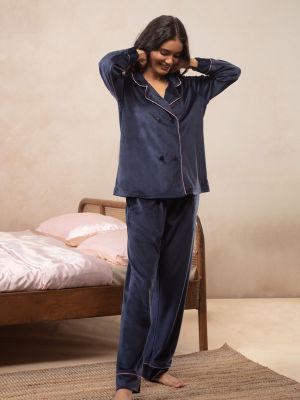 Velour Double Breasted Pyjama Set - Navy Blue NYS047 (Nykd)