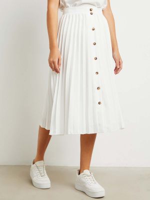 White Pleated A-line Midi Skirt With Button Detail (Styli)