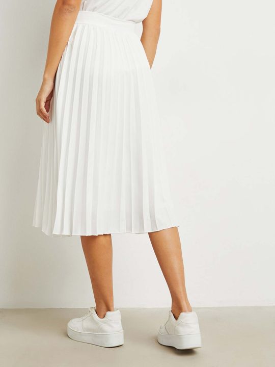 White Pleated A-line Midi Skirt With Button Detail (Styli)