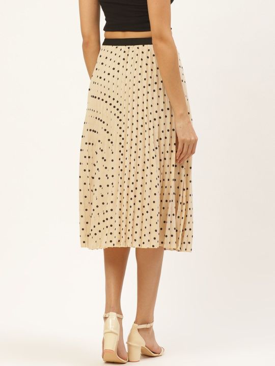 Women Beige & Black Polka Dots Printed Accordion Pleated A-line Skirt (ANVI Be Yourself)