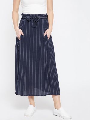 Women Navy Blue Striped A-line Midi Skirt (RARE)