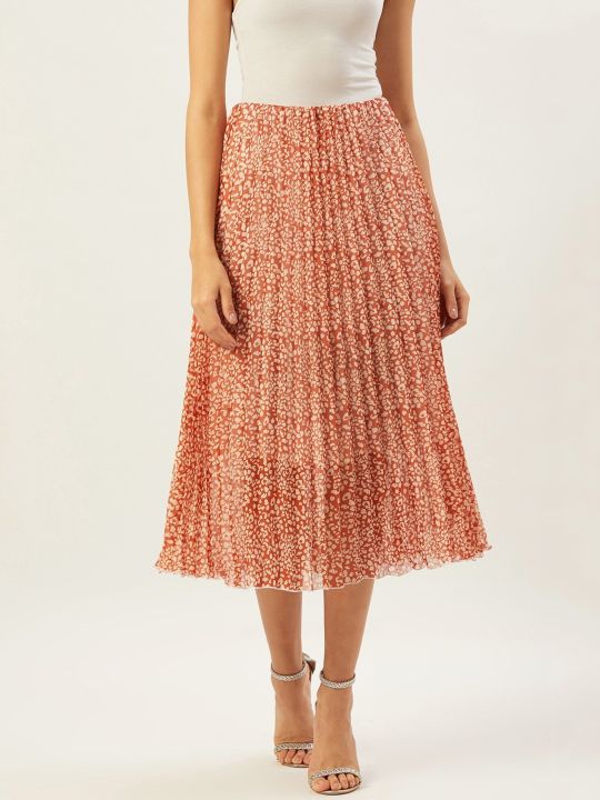 Women Orange & White Printed Flared Midi Skirt (ANVI Be Yourself)