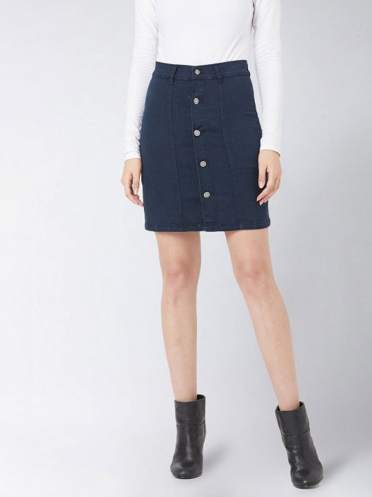 Women's Navy Blue Stretchable Solid A-line Mini Denim Skirt (Miss Chase)