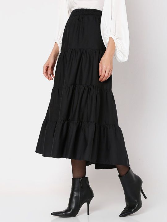 Women Solid Black Tiered Casual Skirt (VERO MODA)